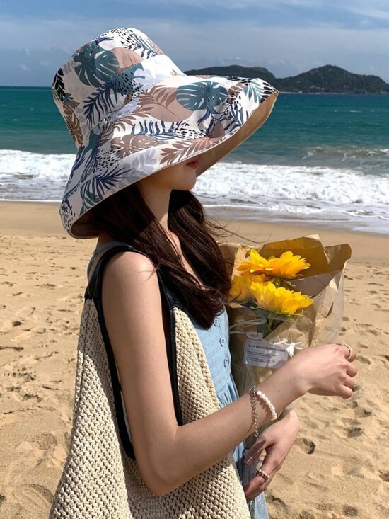 Women Wide Brim Summer Sun Hat Wired Edge Beach Bucket Fishing Hats Beige main image 6